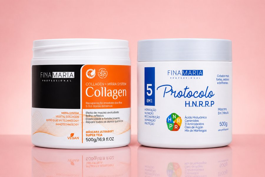 Máscaras Fina Maria Collagen e Protocolo 5 em 1 em fundo rosa